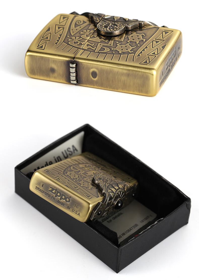 zippo美国原装 黄铜防风煤油印第安图腾雕刻绿松石打火机情人节生日