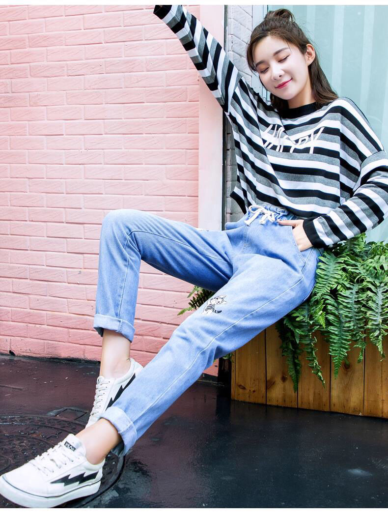 2019秋冬哈伦牛仔裤女学生宽松松紧腰刺绣系带直筒裤子女cll 浅蓝色单