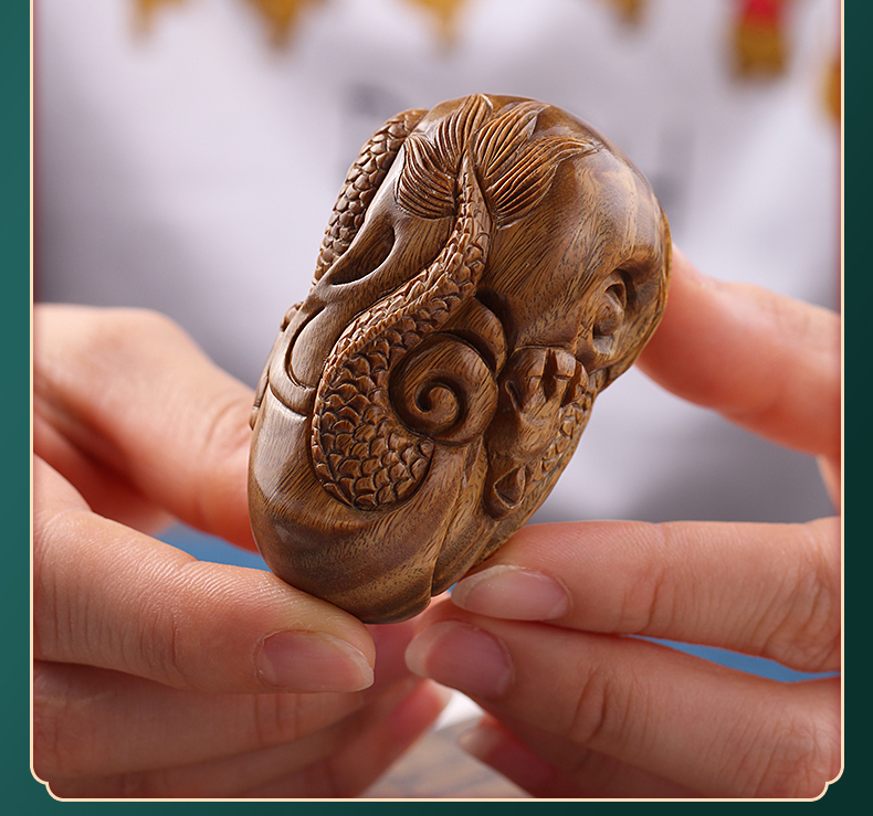 古珍 将木生绿檀木质生肖龙盘龙手把件木雕男士随身伴手礼红木挂件送