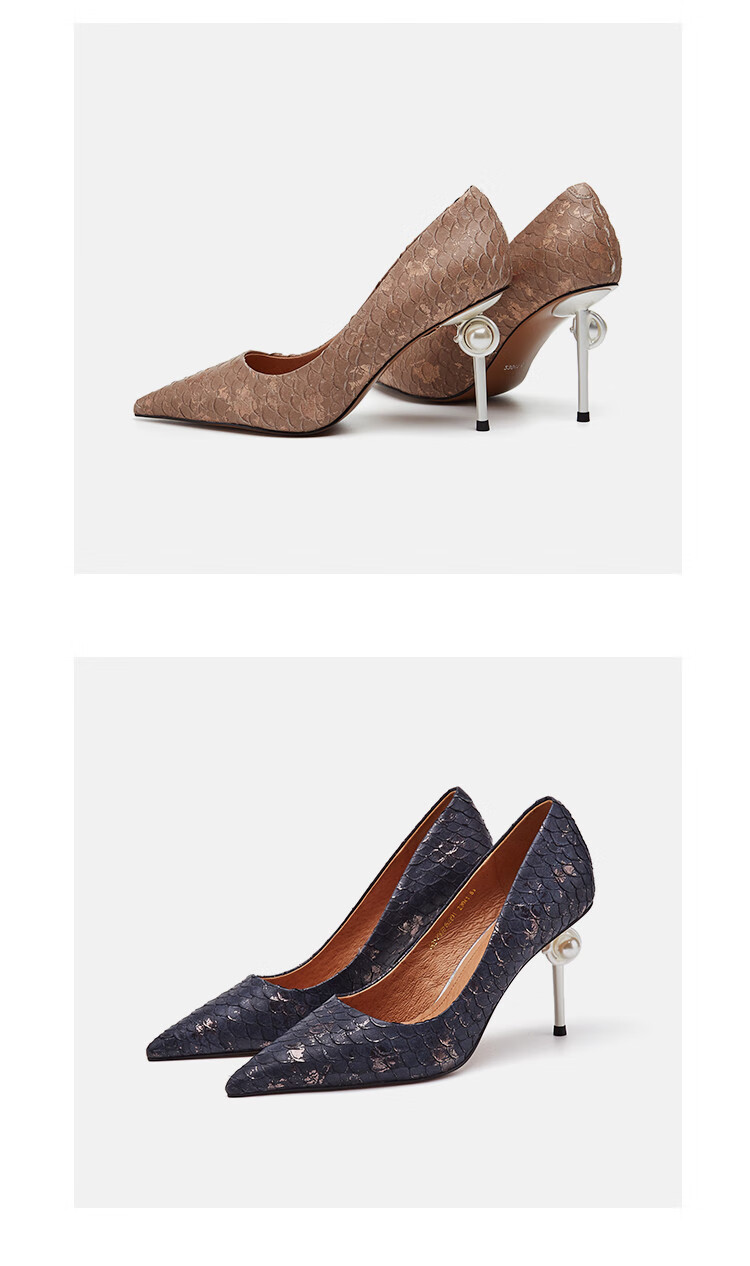 hr赫莲娜高跟鞋法式新款设计感鱼鳞高跟单鞋女尖头百搭气质女鞋绿色34