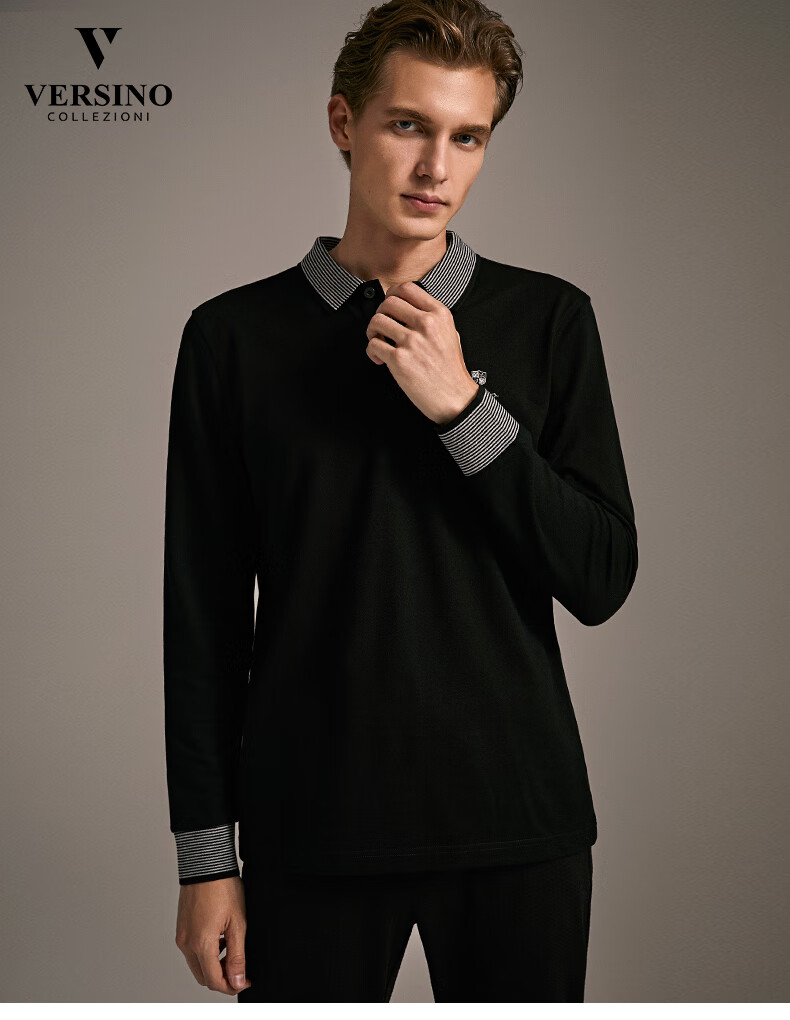 versino/梵思诺男装2019新款秋季长袖纯棉翻领polo衫男款长袖上衣 98v