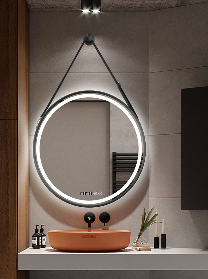 挂绳智能led灯镜卫生间厕所浴室化妆镜壁挂吊绳挂墙铝合金圆镜子 默认