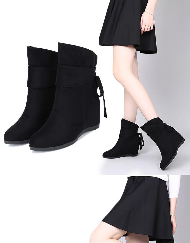 同款秋冬半靴女短靴坡跟绒面磨砂内增高中筒流苏平底百搭保暖女靴单靴