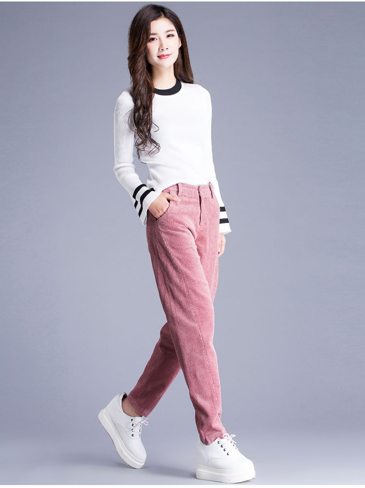 灯芯绒裤子女2019秋冬新款条绒裤女哈伦裤萝卜裤休闲裤 黑色 28
