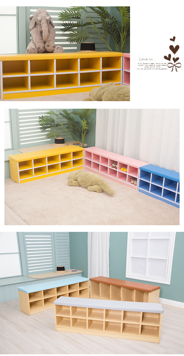 软包鞋柜早教中心可坐换鞋凳舞蹈室收纳鞋架组合柜子 浅蓝色软包10格