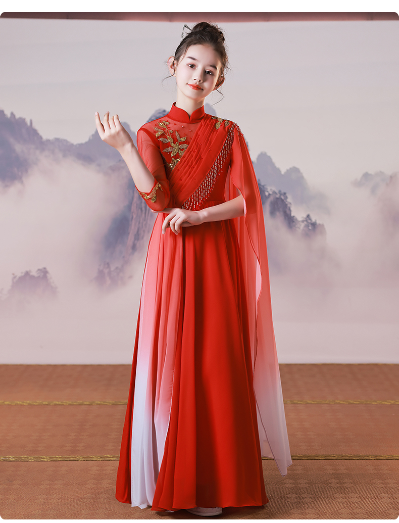 古筝表演服装女童夏季中国风儿童礼服主持人晚礼服民乐比赛演出服红色