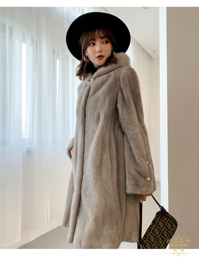 朵登品牌水貂皮草外套女整貂中长款2019新款冬季银兰色保暖貂皮大衣