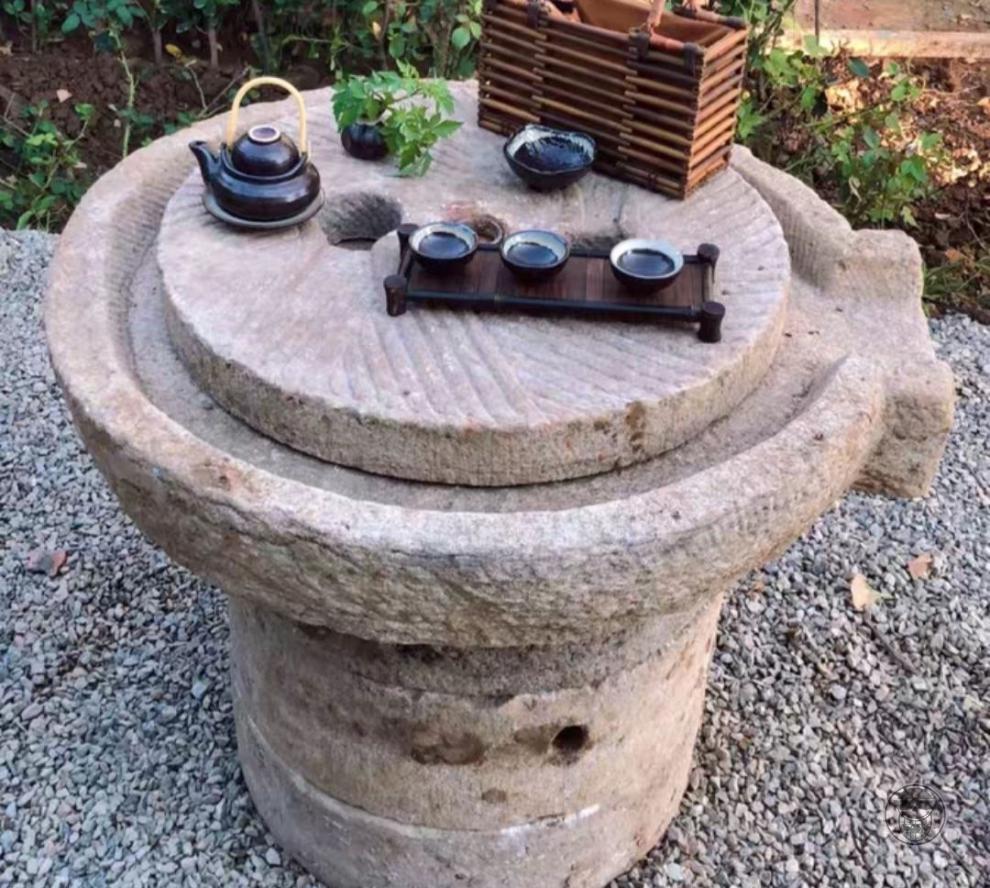 礼品定制石磨茶盘茶台桌子老磨盘旧石器茶托茶具木架磨片石桌石凳组合
