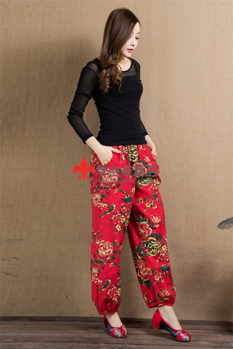 2020夏季新款时尚花裤子女士薄款广场舞服装裤东北大花民族风女裤子
