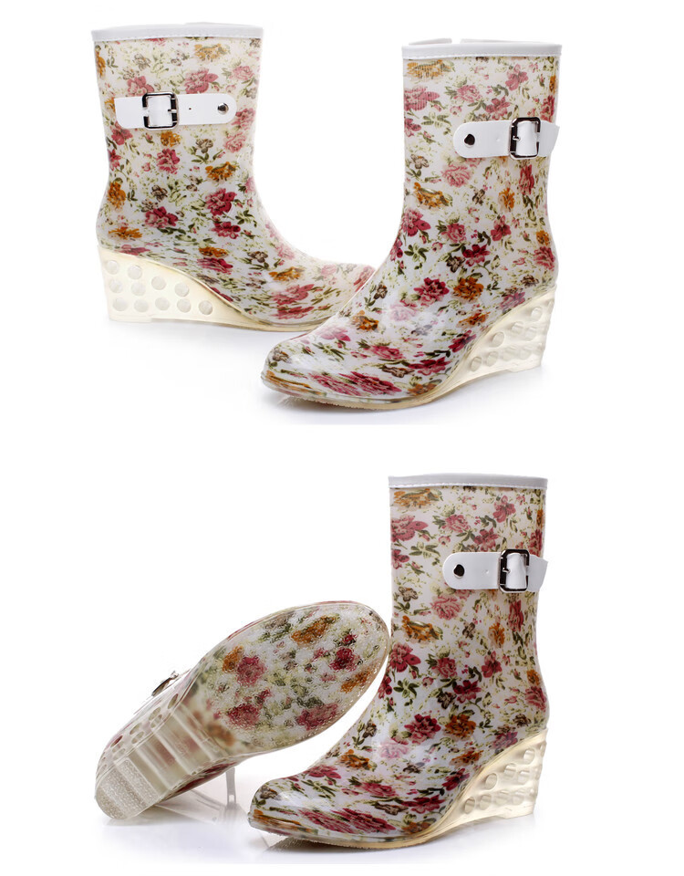 雨鞋坡跟水鞋女式雨靴女加棉时尚搭扣侧拉链高跟透明雨鞋女士中筒胶鞋