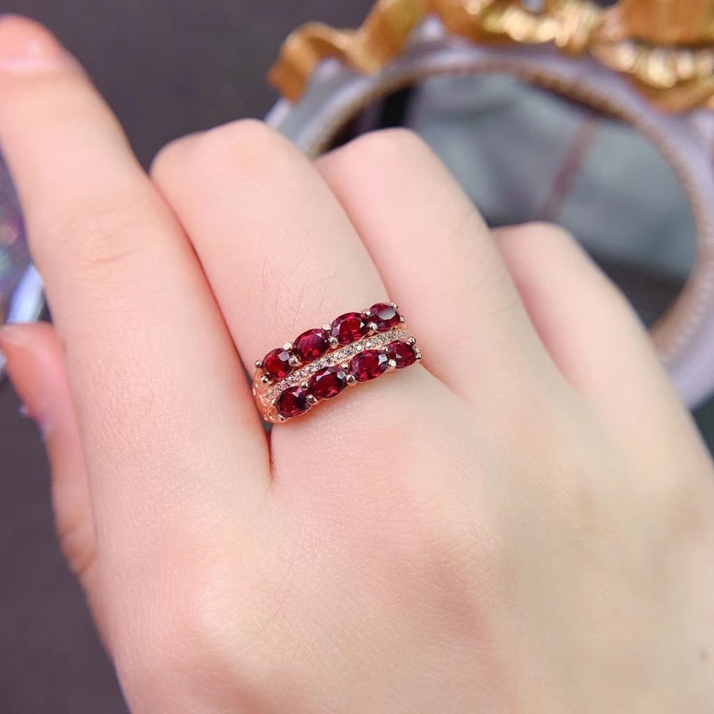 瑶诺佴石榴石戒指s925银红宝石排戒女款时尚简约百搭活口情人节生日