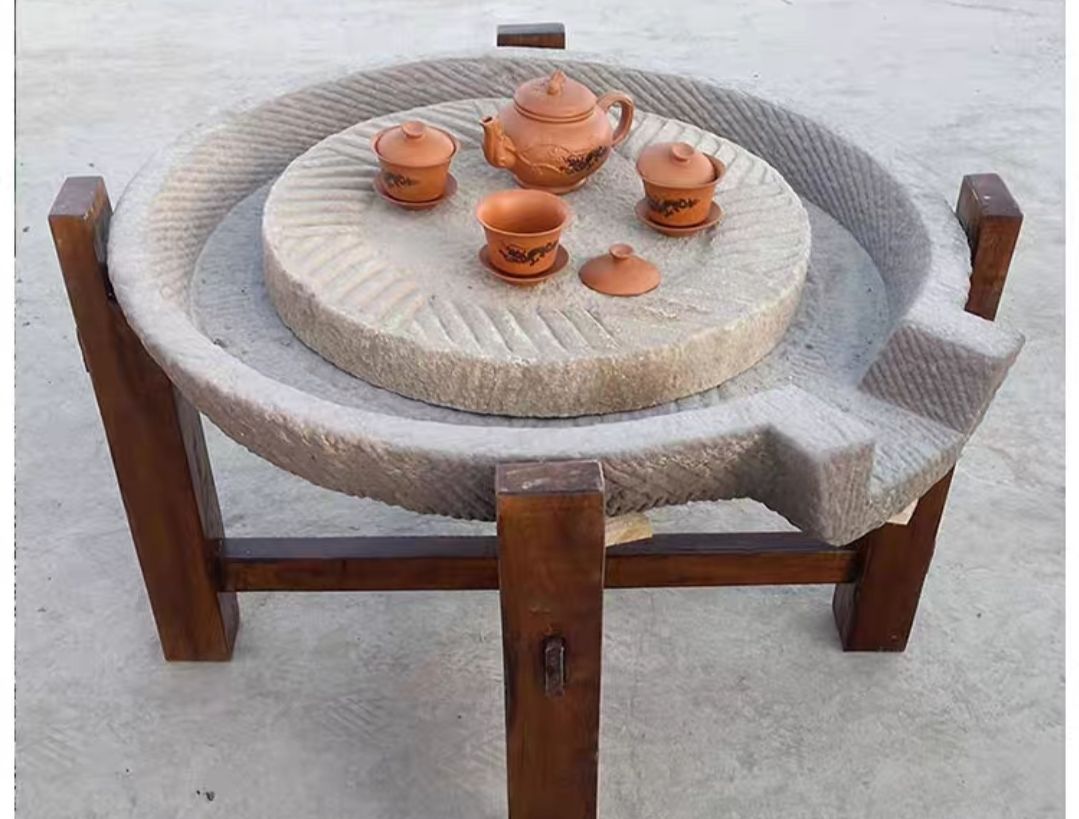 石磨茶盘茶台桌子老磨盘旧石器茶托茶具木架磨片石桌石凳组合摆件成套