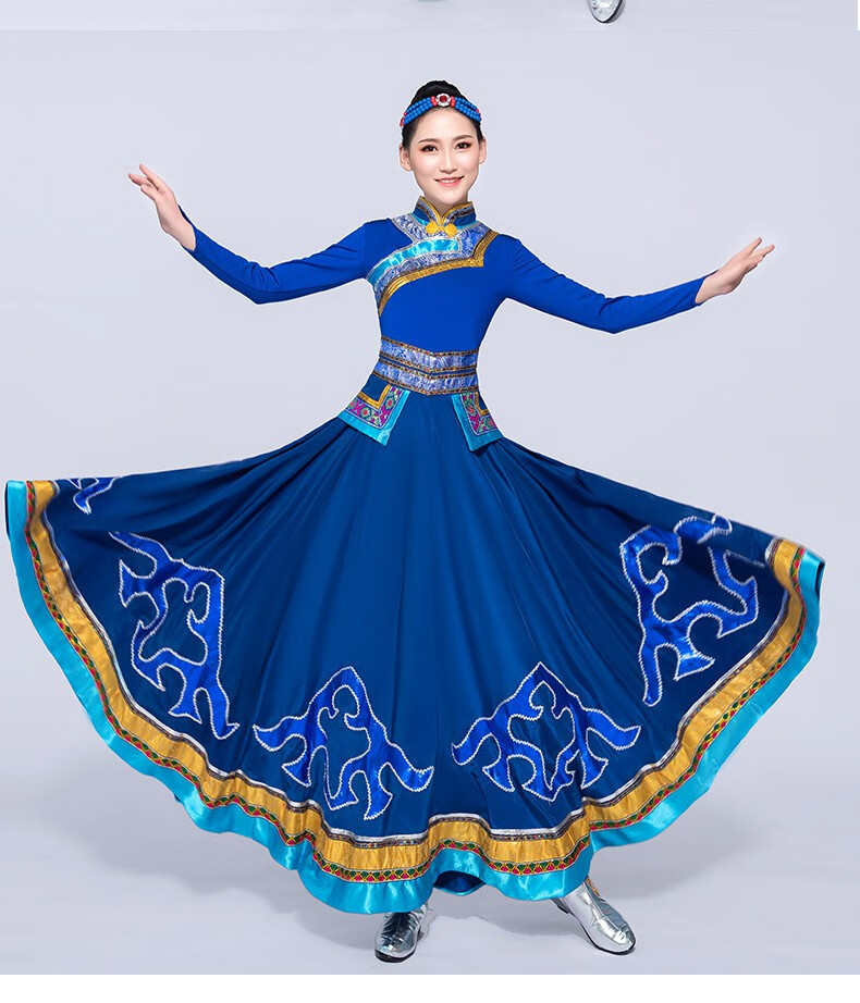 蒙古袍演出服成人蒙古族鸿雁舞蹈服装少数民族表演服 蓝色头饰鞋套 s