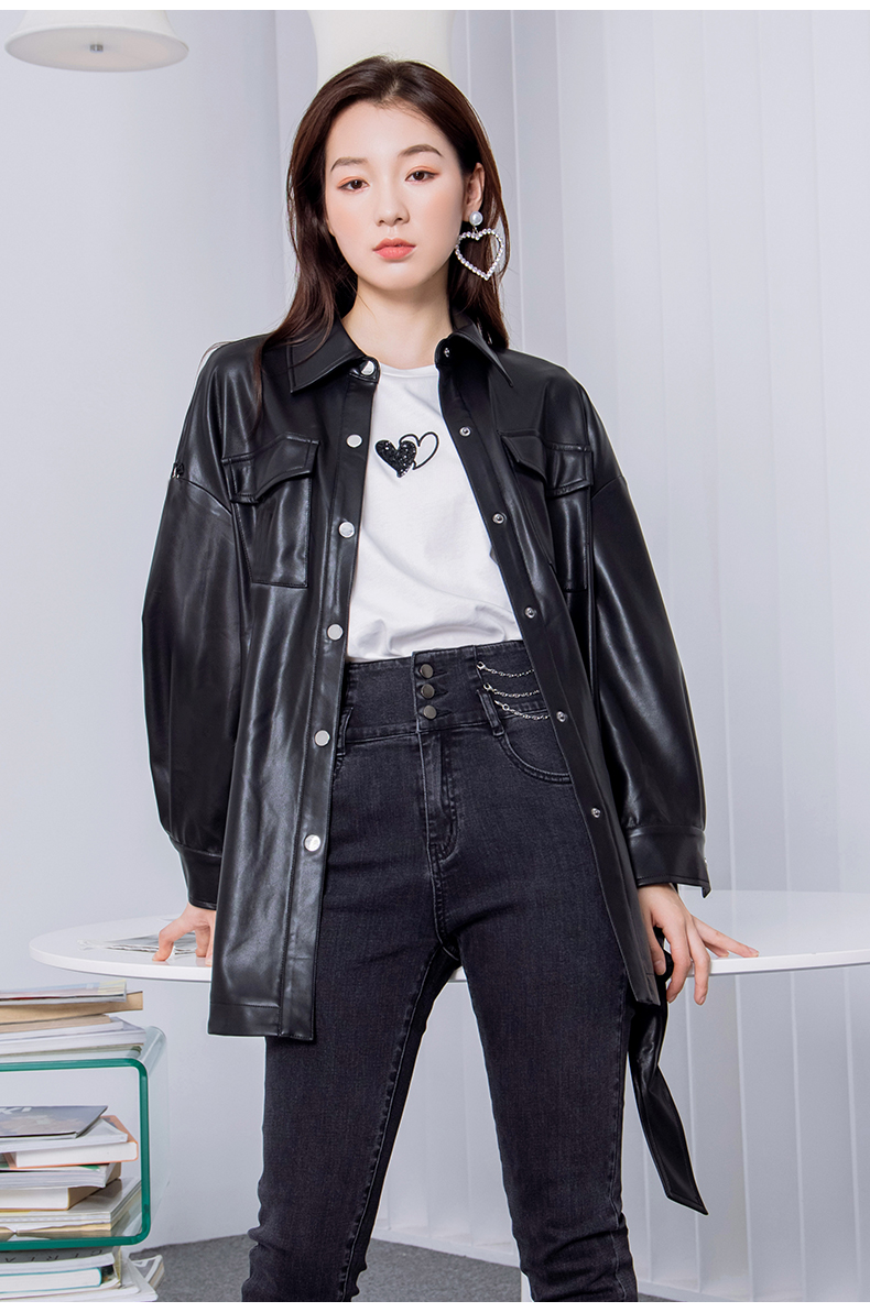 阿依莲长袖收腰春季新款女御姐酷炫机车皮衣韩范pu黑色外套 黑色 xl
