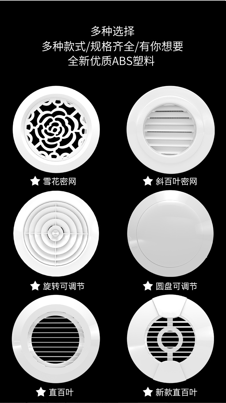 新风口abs圆形出风口排风口室内新风通风口塑料百叶旋转150mm
