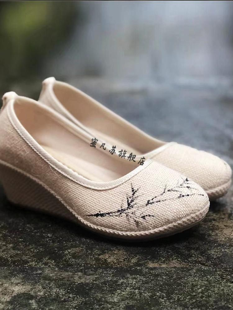 蜜凡苏千层底布鞋女坡跟手绘茶艺鞋禅意鞋年新款国风鞋茶服鞋配汉服的