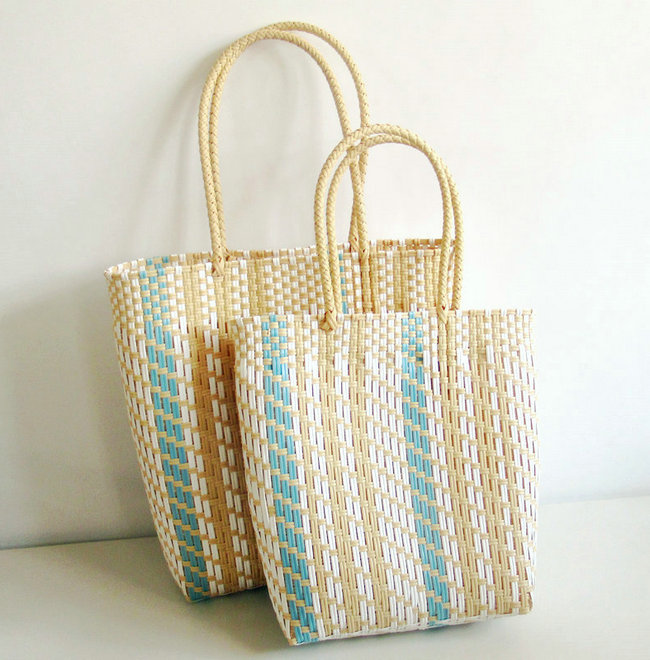 新款塑料条编织篮购物篮休闲手提袋环保菜篮子颜色好百搭 黄色系大号