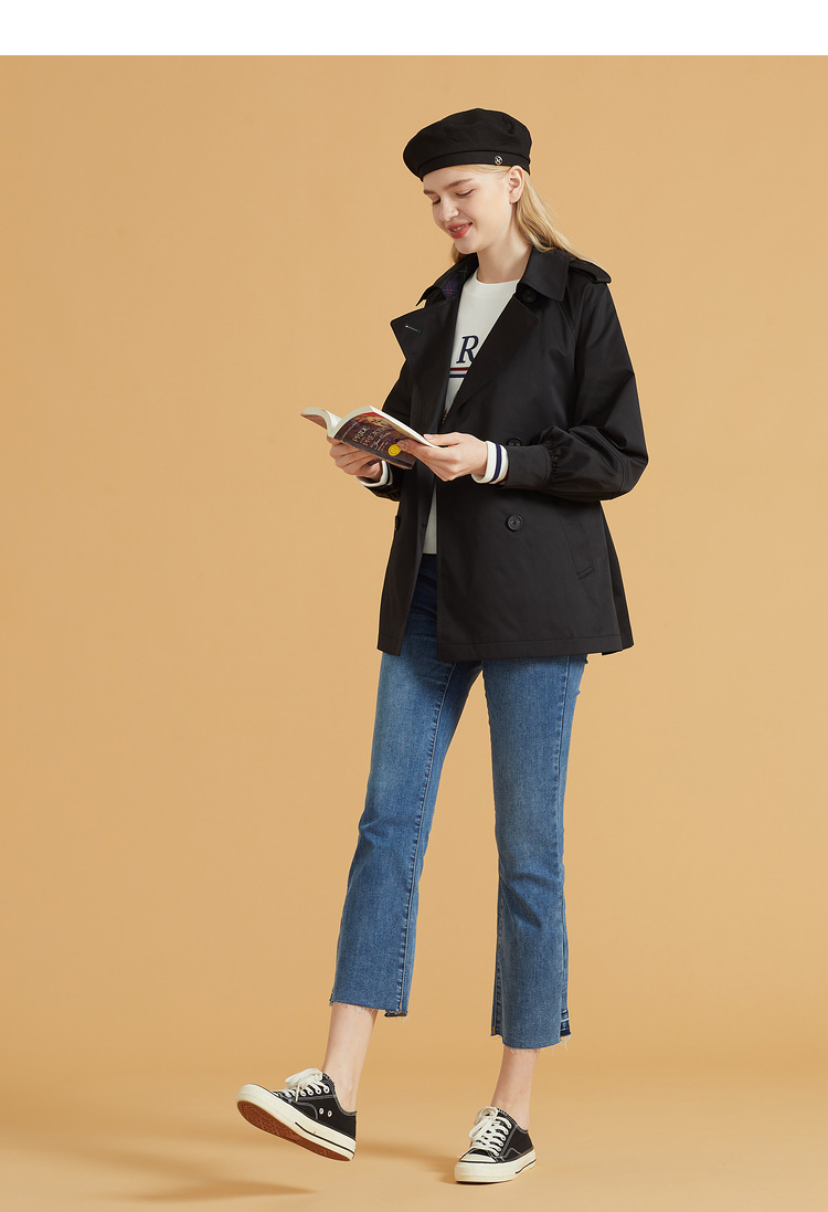 eland衣恋2021秋季女款新款双排扣设计感时尚简约风衣外套女 卡其色