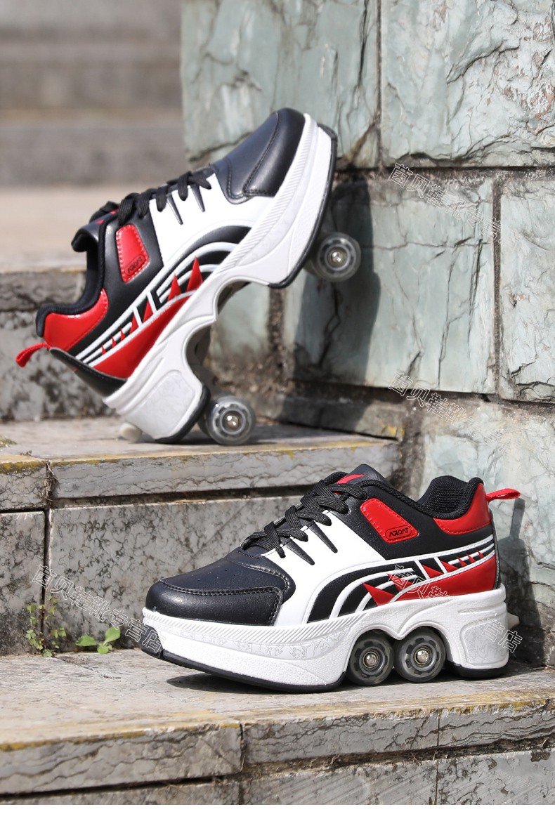 暴走鞋变形鞋两用轮滑四轮旱冰溜冰双排男女学生儿童运动鞋 酷炫黑 z