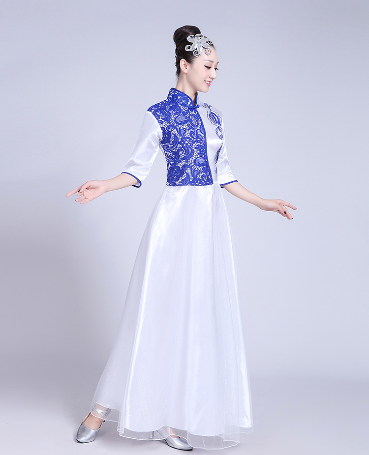 新款大合唱服装演出服中国风民乐古筝二胡朗诵表演服男女长裙 红色 女