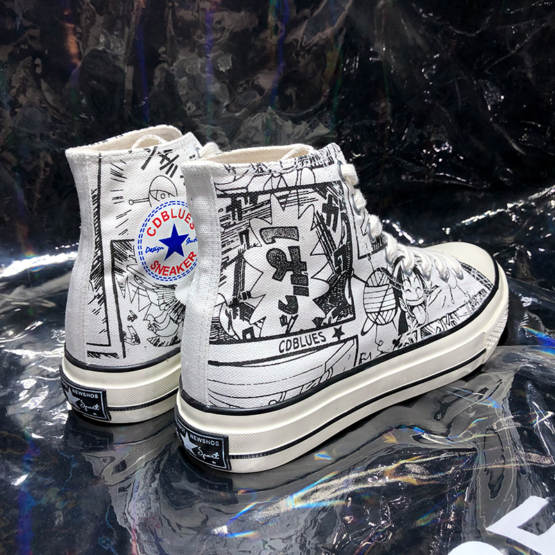 ins超火春季透气海贼王动漫高帮帆布鞋男韩版潮百搭涂鸦板鞋手绘 白色