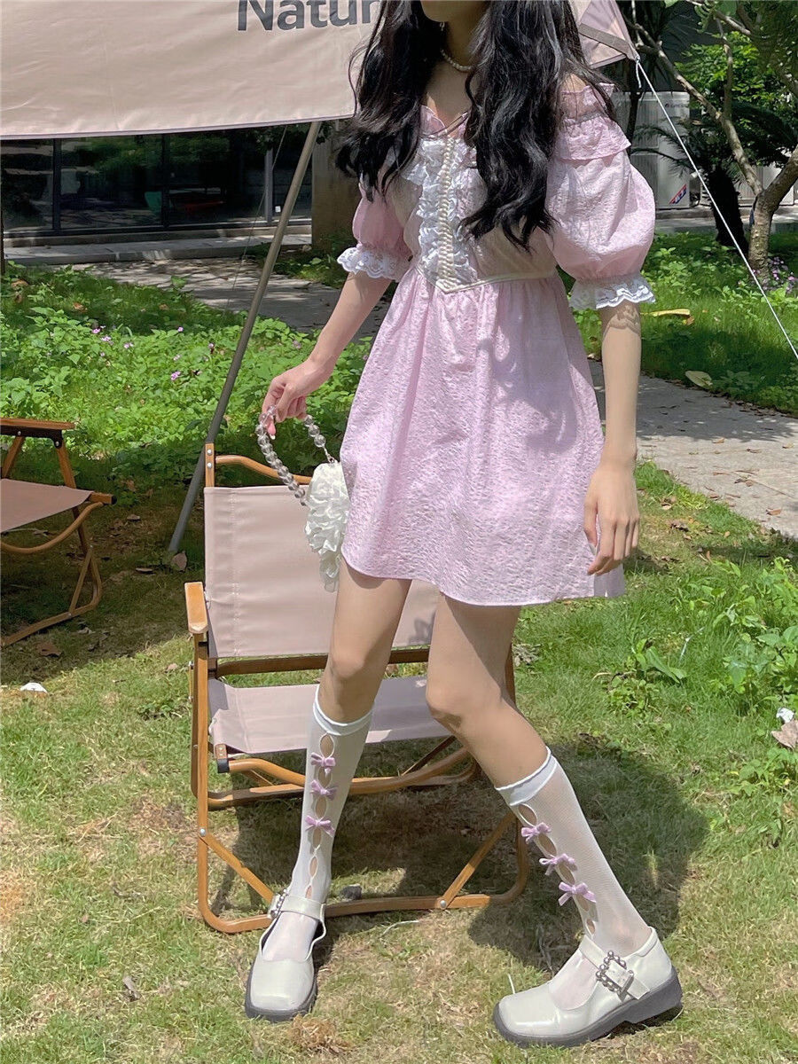 中筒仙女袜子薄款日系甜美小腿袜lolita白色黑色蝴蝶结紫粉色蝴蝶结