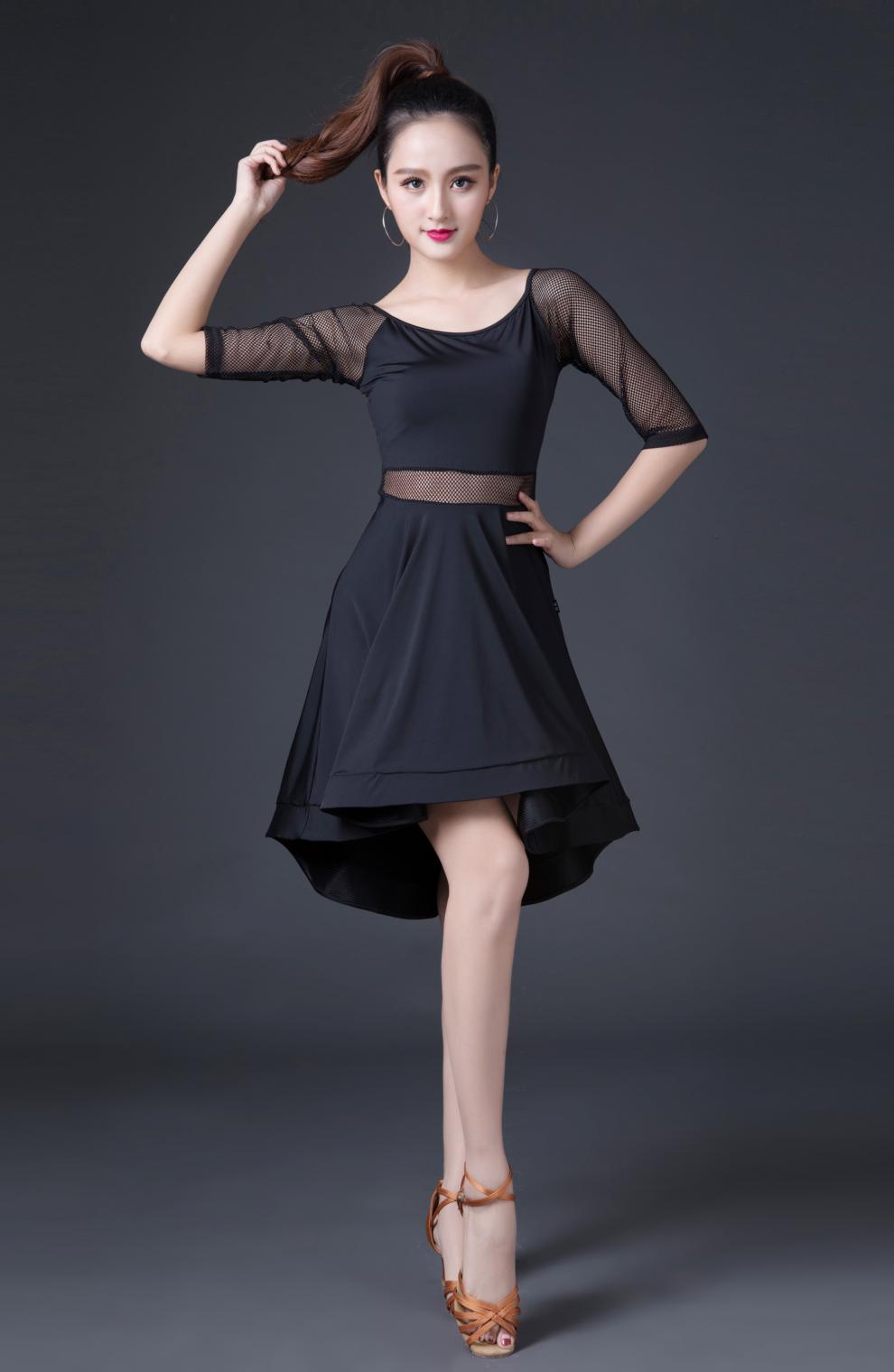 新款拉丁舞演出服装女成人新款练功服春夏季表演跳舞蹈连衣裙短裙 黑