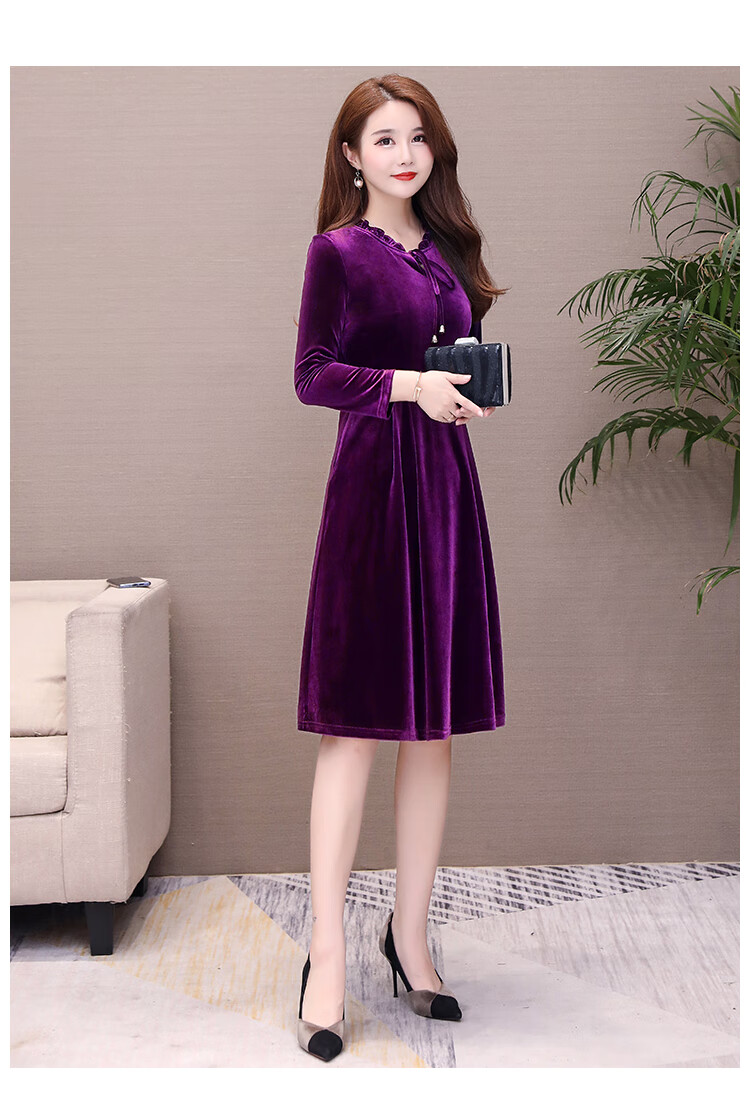 岸婷30岁40岁50岁妈妈装新款金丝绒连衣裙中长款大码加厚打底裙 紫色