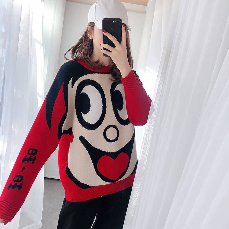 联名潮牌毛衣女2019秋冬红色卡通旺仔牛奶圆领针织衫情侣外套 红色 s