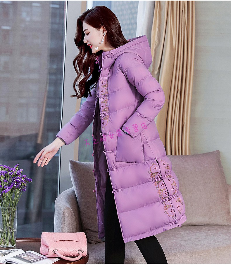 绣花复古刺绣中长款盘扣棉衣女装2019新款连帽棉服民族风过膝棉袄c ym