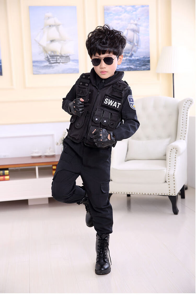 长袖短袖儿童小特警衣服特种兵男孩警察套装帽子男女孩童 套装二 120