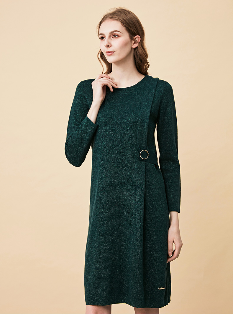 皮尔卡丹女装秋装新款长袖优雅提花针织连衣裙商场同款绿色42a17596a