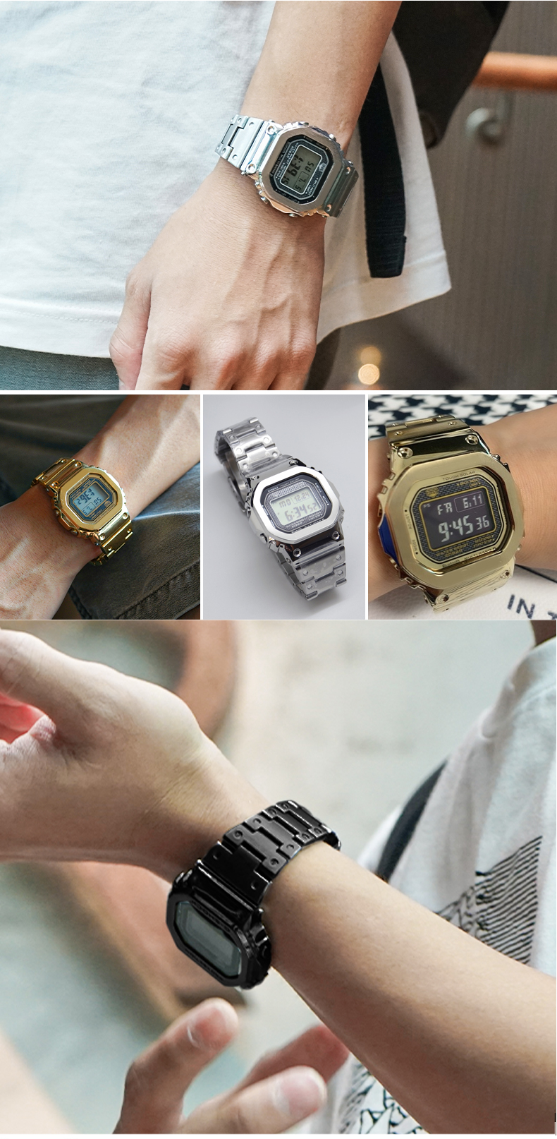 适用g-shock卡西欧小方块35周年gmw-b5000金银砖系列精钢手表带男 钢