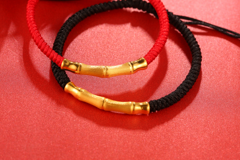 老凤凰黄金竹节手链转运珠女999足金弯管编织绳手串情侣款情人节礼物