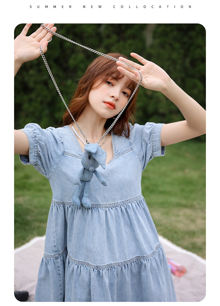 朵以2022夏季新款牛仔连衣裙复古减龄方领可爱玩偶甜美高腰a字裙37vx