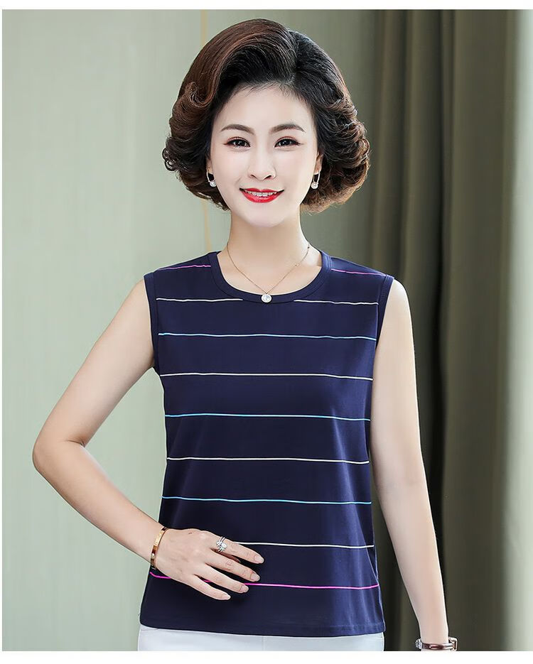 老太太背心棉条纹圆领背心女中老年人宽肩无袖宽松妈妈夏装汗衫吊带老