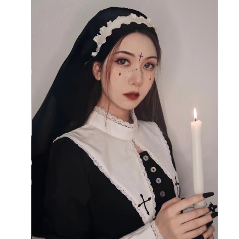 修女连衣裙万圣节穿搭女巫服装cos服暗黑系洛丽塔裙子哥特lolita 蜡烛