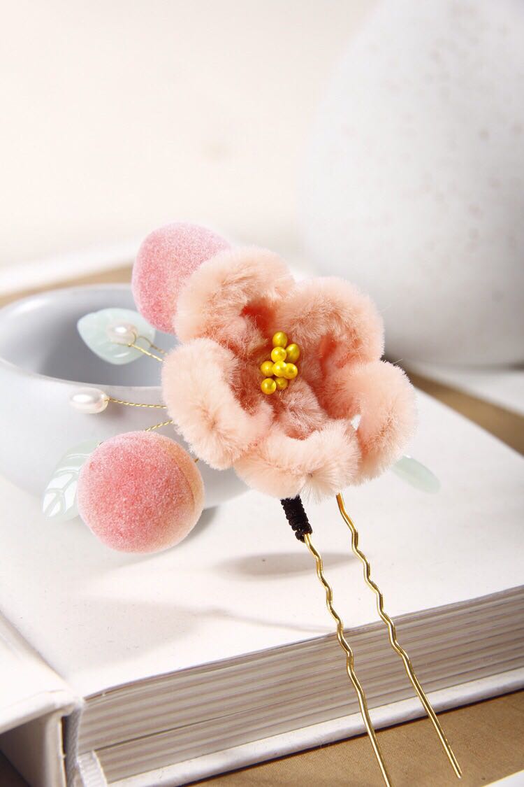 绒花发簪新款古风汉服仿蜜桃发饰可爱绒绒桃子小钗簪子头饰 六件套