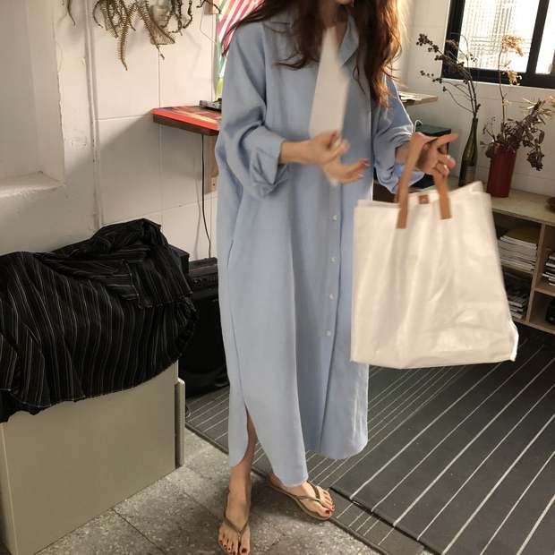 连衣裙女2019夏季韩国慵懒风白衬衣chic中长款过膝超长衬衫裙 白色 l