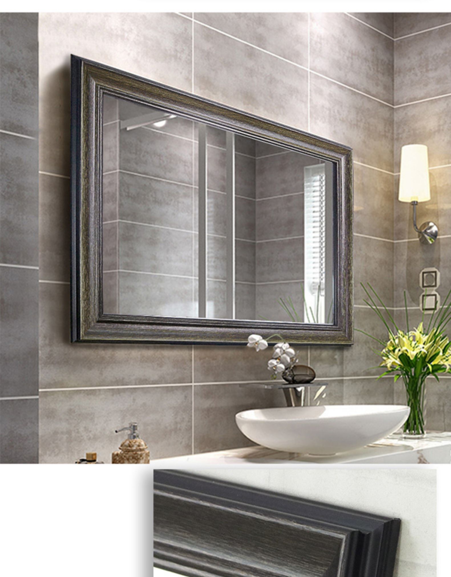 浴室镜厕所镜子卫生间挂墙式带框壁挂洗漱化妆镜贴墙定制复古金500mm