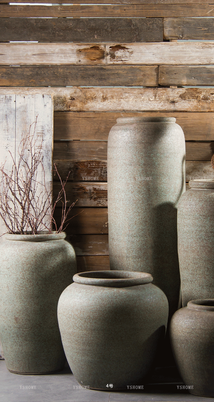 知音堂新中式禅意复古手工粗陶陶罐青色花钵落地大花瓶摆件庭院园林