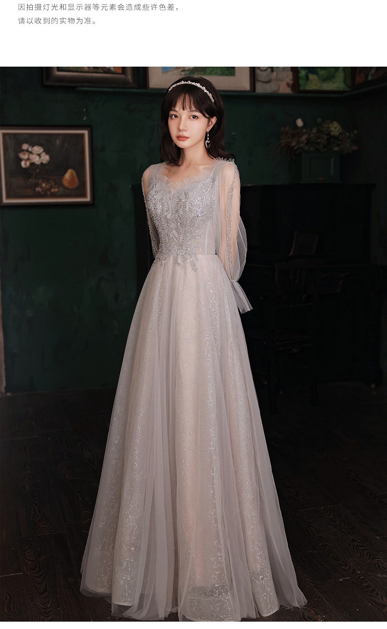 成人晚会礼服女晚2022新款长袖灰色宴会主持人长款礼服声乐艺考演出