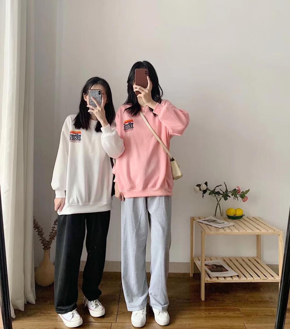 秋季闺蜜套装女学生韩版宽松原宿风印花卫衣休闲九分裤两件套潮粉色