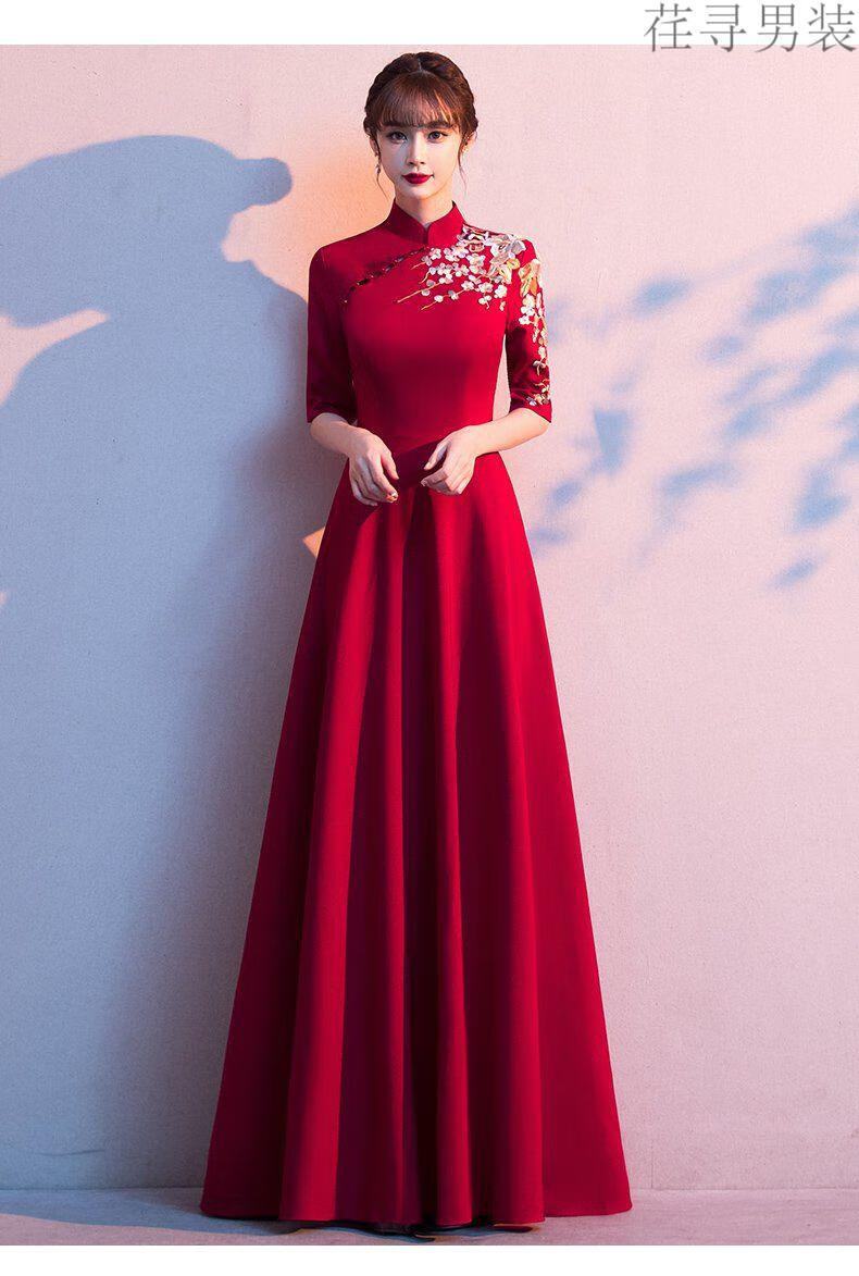 礼仪迎宾服装女旗袍红色2022秋冬绣花颁奖礼服开业剪彩合唱演出走秀