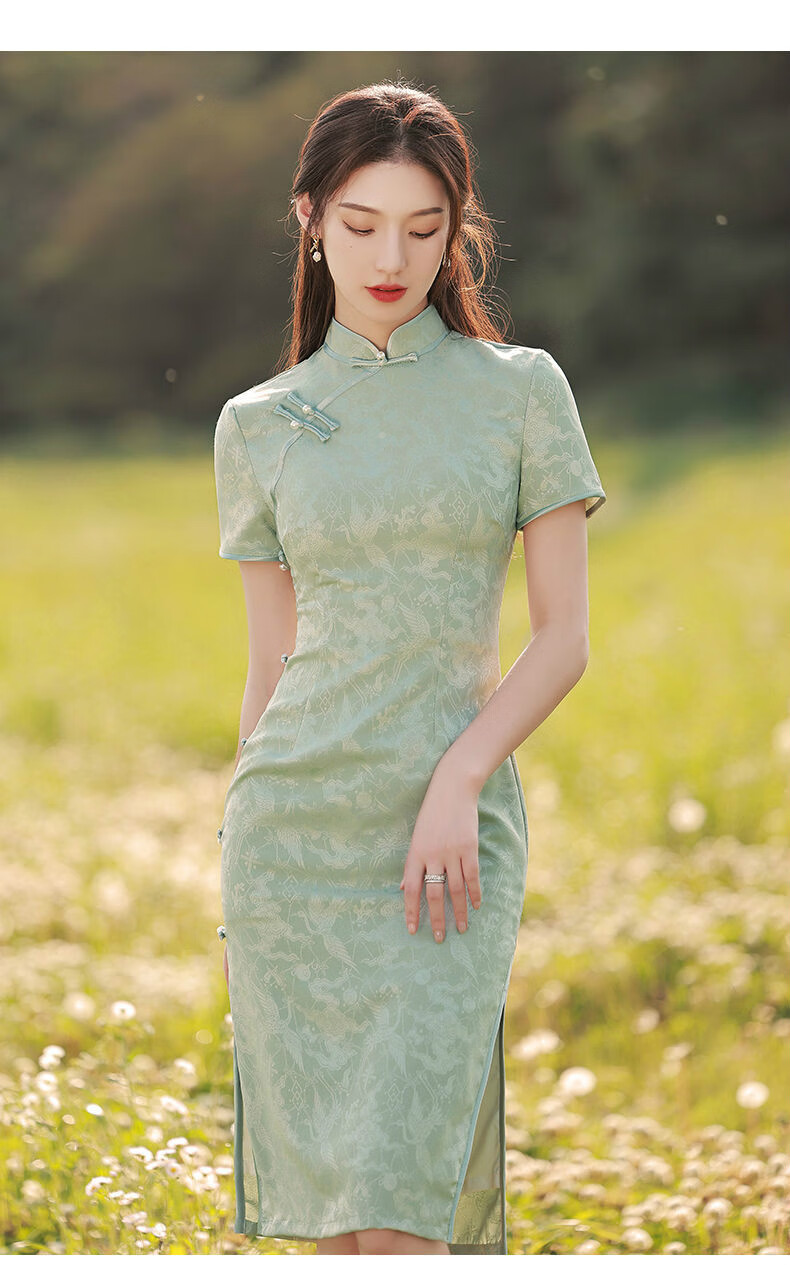 裙女绿色旗袍2022年新款改良女夏季年轻款气质高端少女提花中国风女装