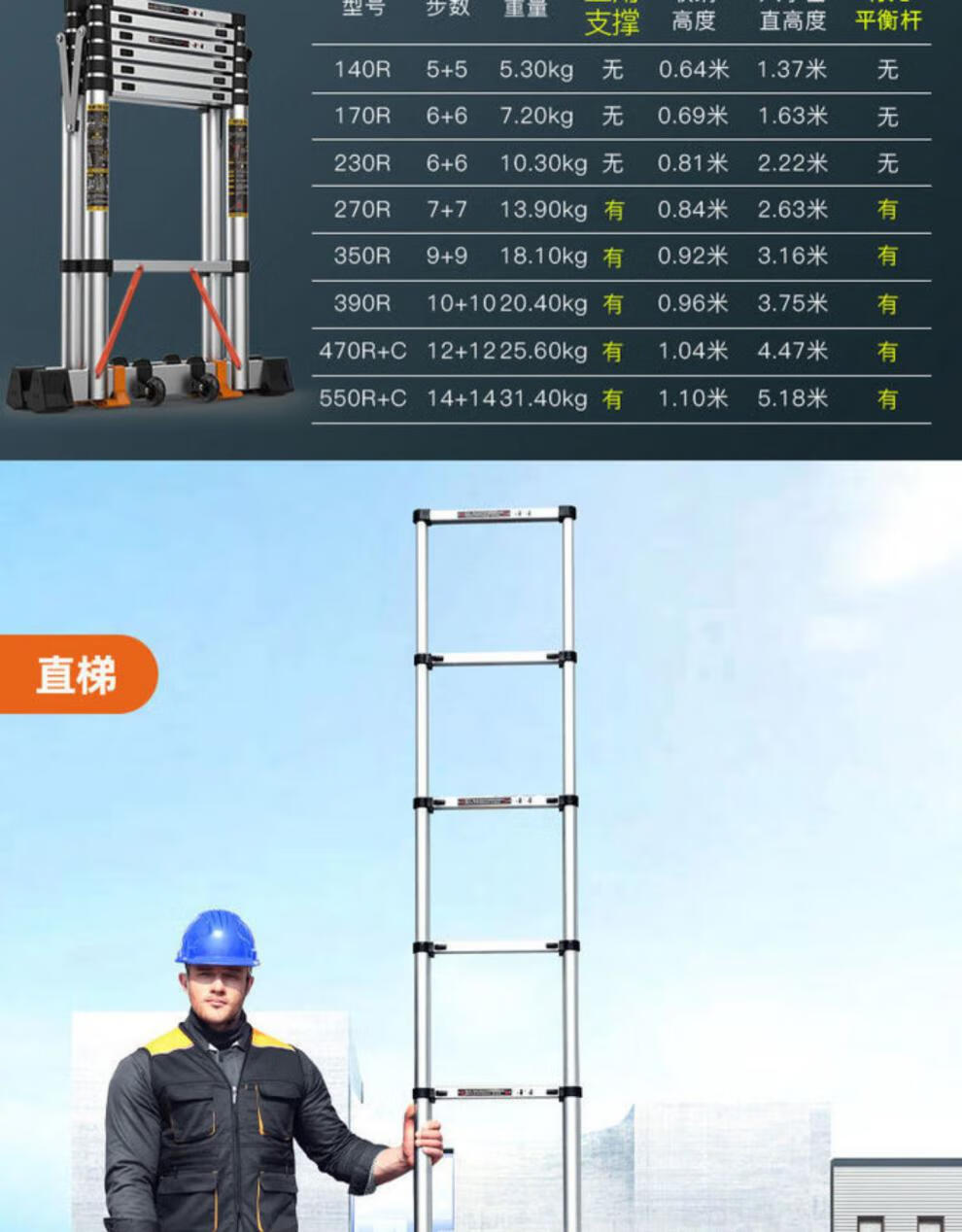 梯子工程梯直梯人字梯 8米伸缩梯子工程梯便携6家用7折叠人字梯5楼梯