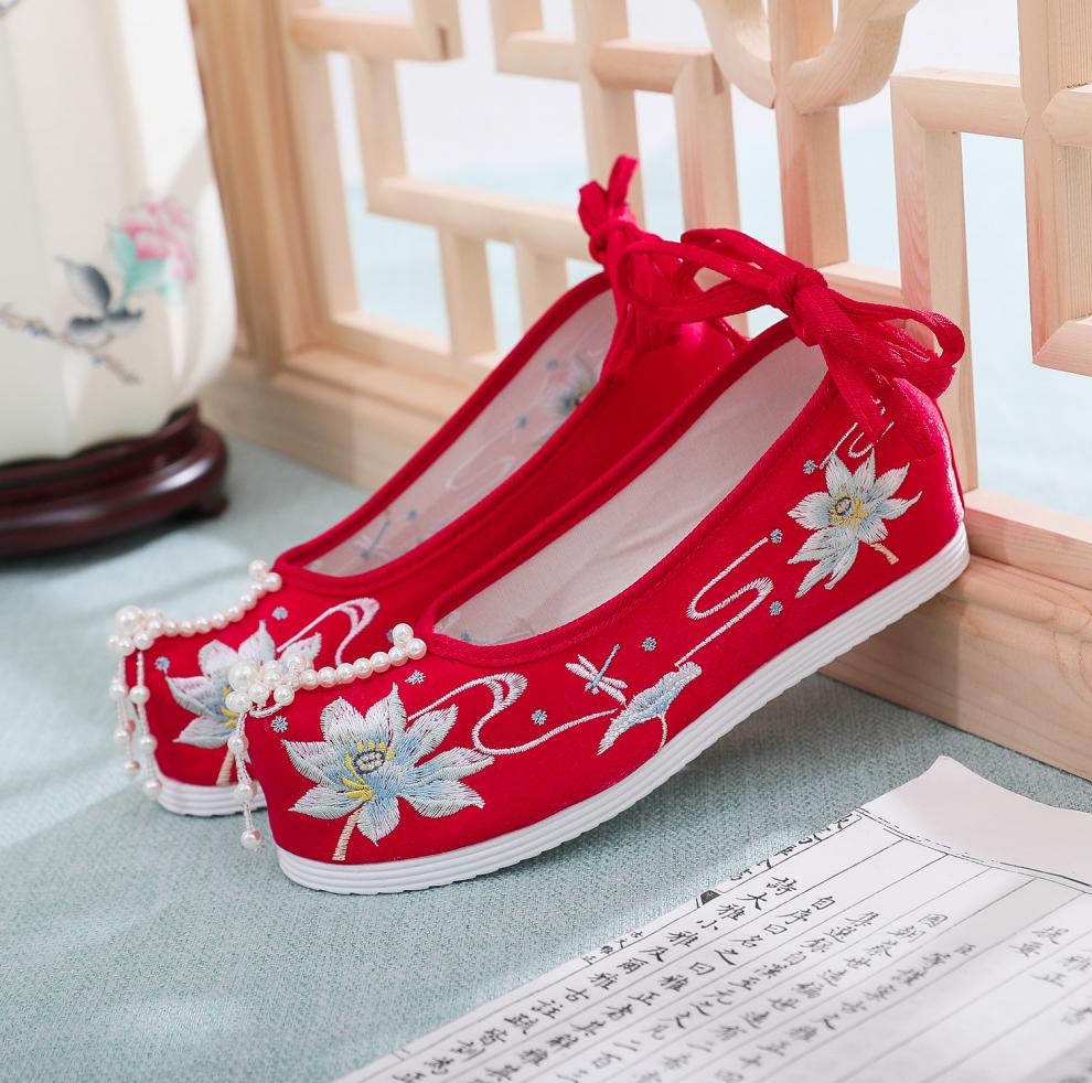 卡辑 汉服鞋子女古风内增高荷花绣花布鞋单鞋棉鞋少女鞋翘头弓鞋绑带