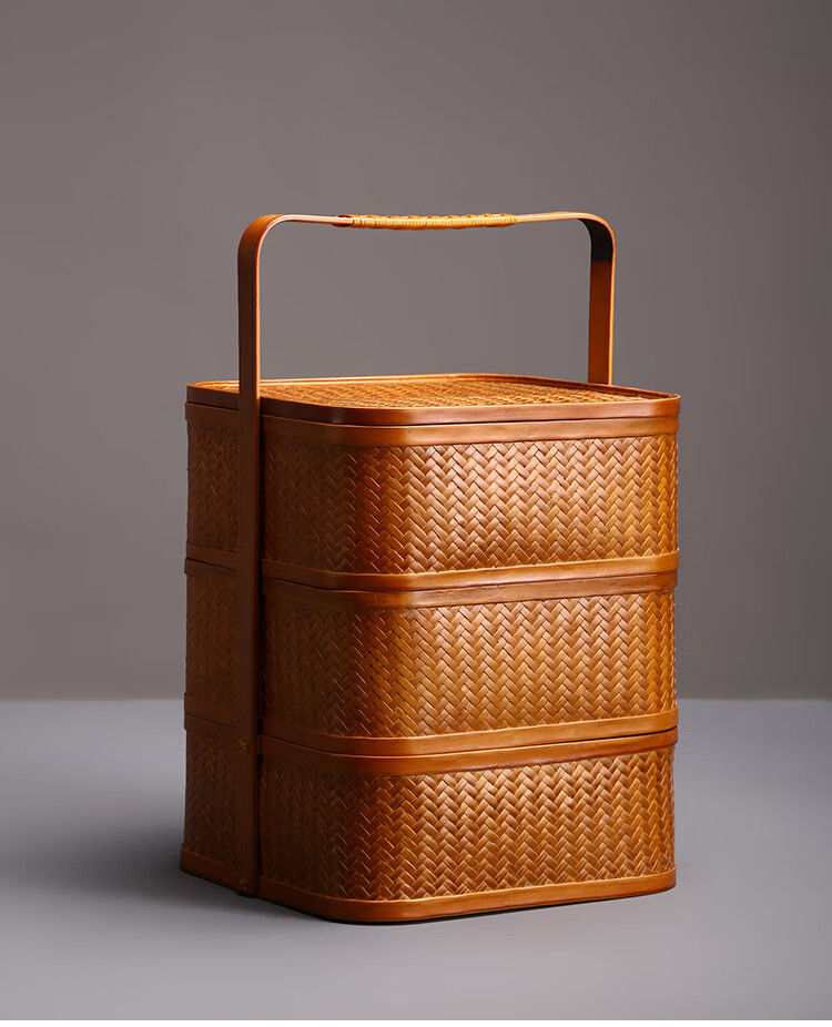 上坟用食盒竹编提篮收纳日式双层水果点心果盘宫廷食盒影视道具复古风