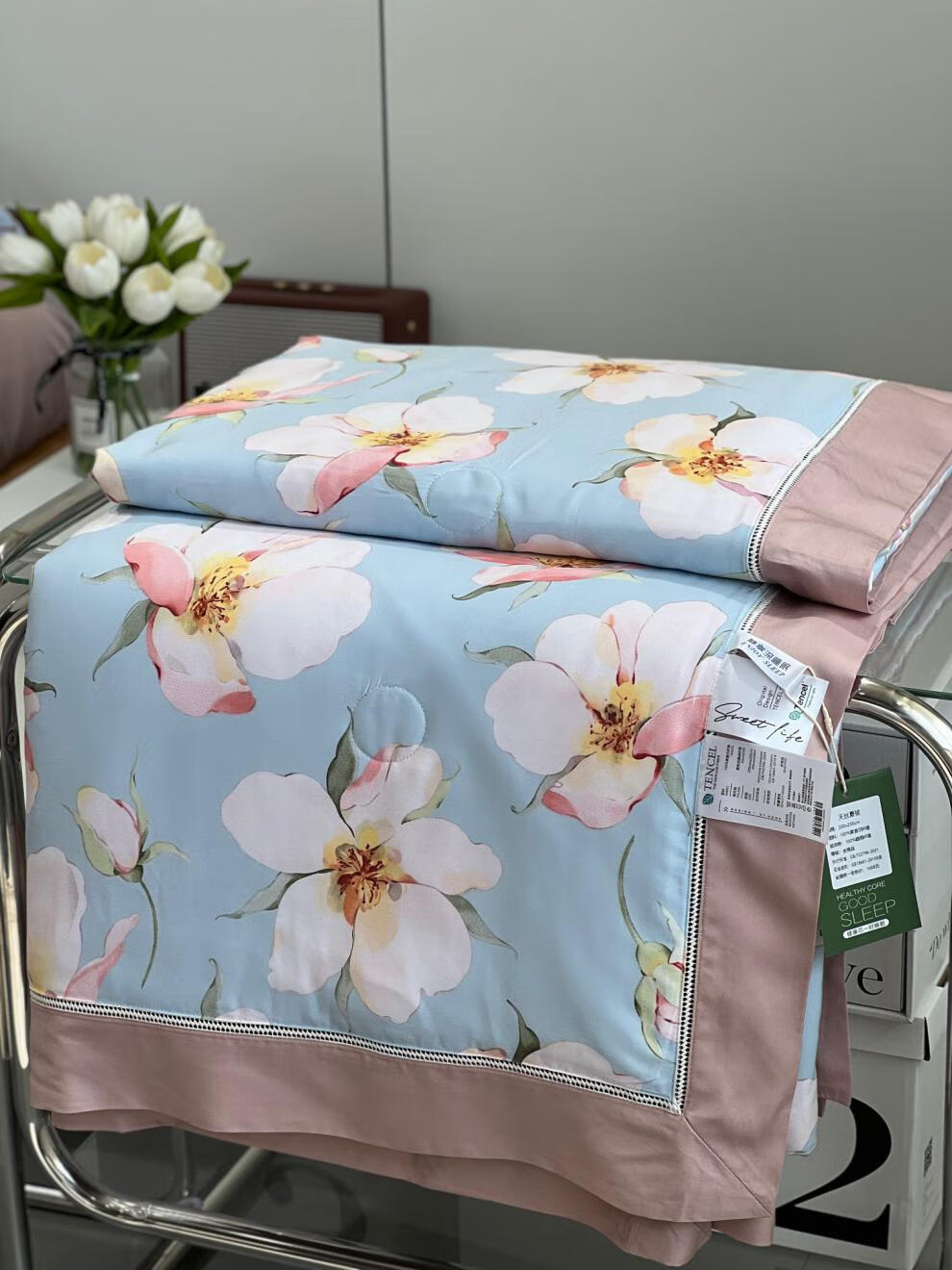 富安娜天丝夏凉被四件套冰丝空调被夏季薄款被子可水洗机洗双人花开