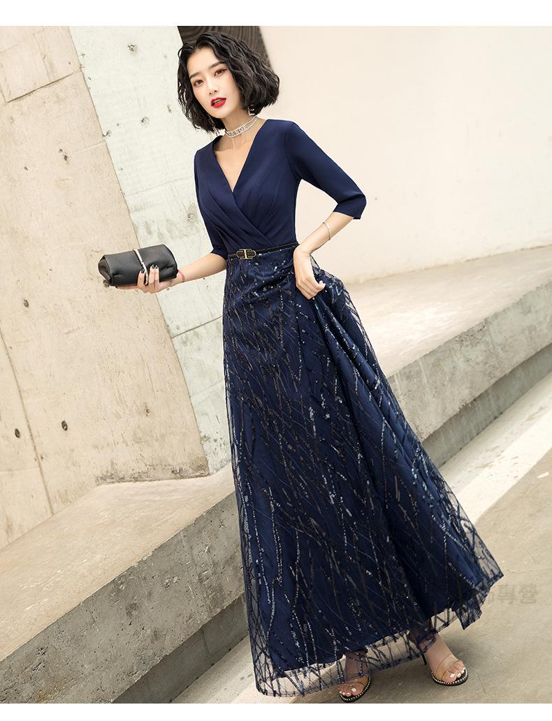 大码名媛宴会礼服女显瘦2021气质端庄蓝色长款年会主持人里服裙藏蓝色